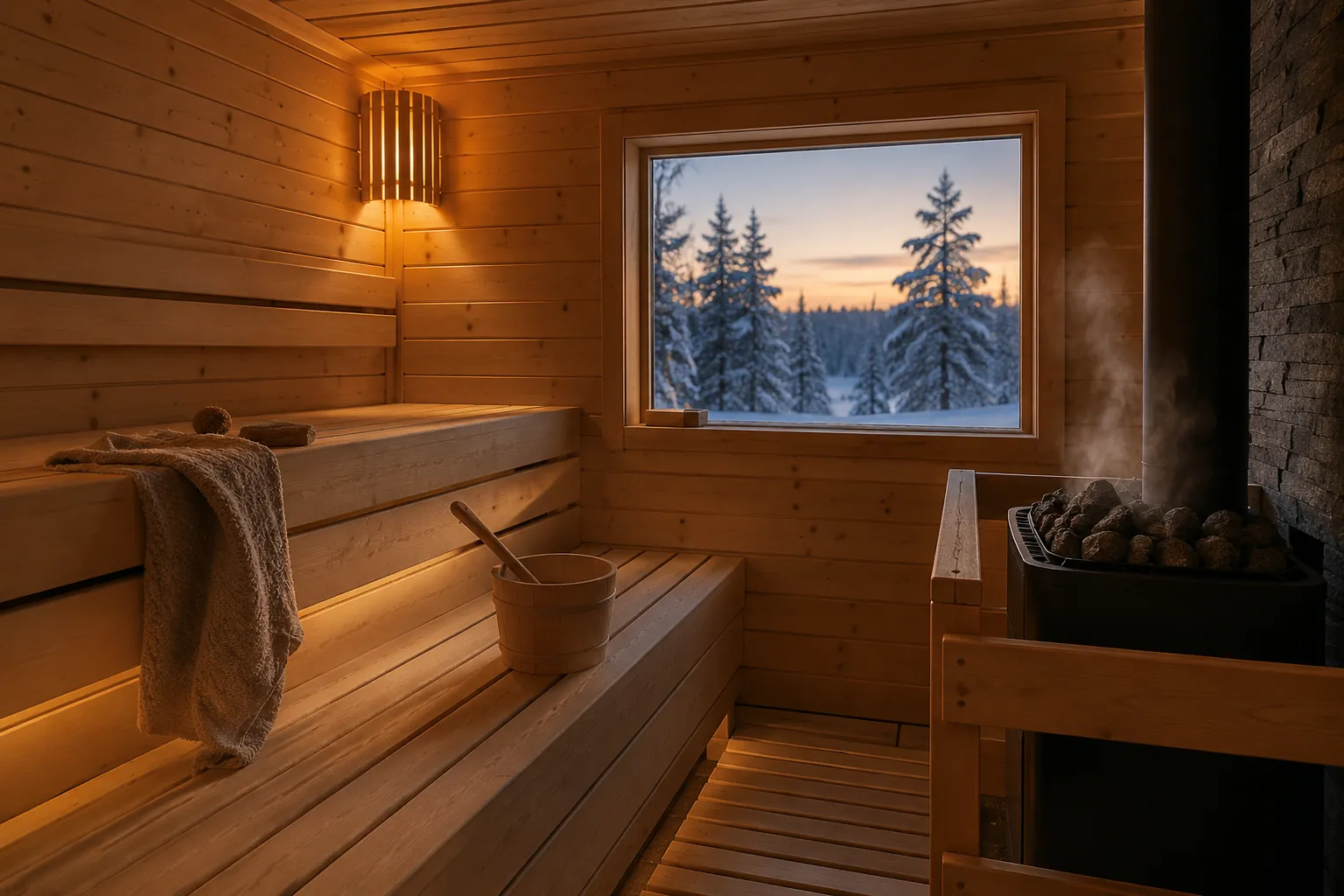 Sauna en bois chaud éclairé, seau et louche sur le banc